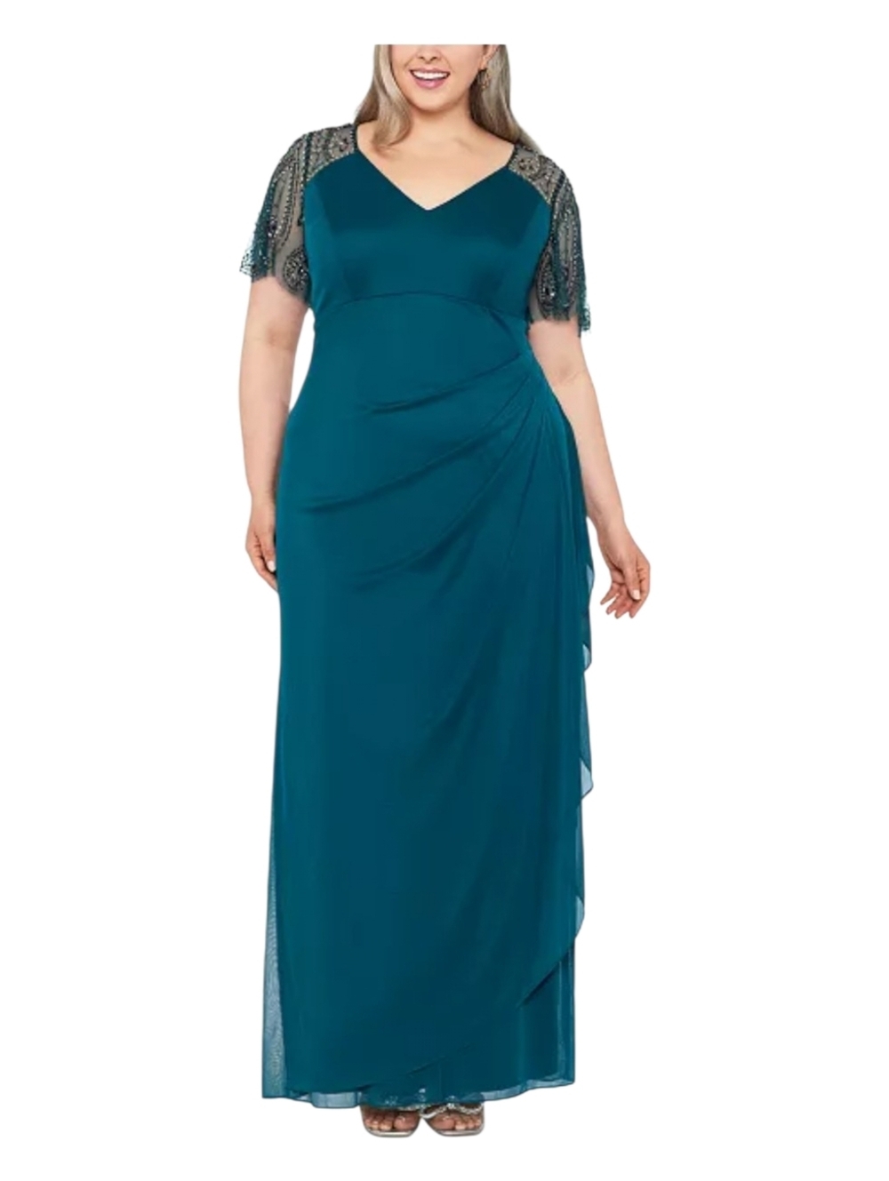 Xscape Emerald Green Formal Gown Size 18 Beaded Sleeve Ruched Evening - Picture 14 of 15